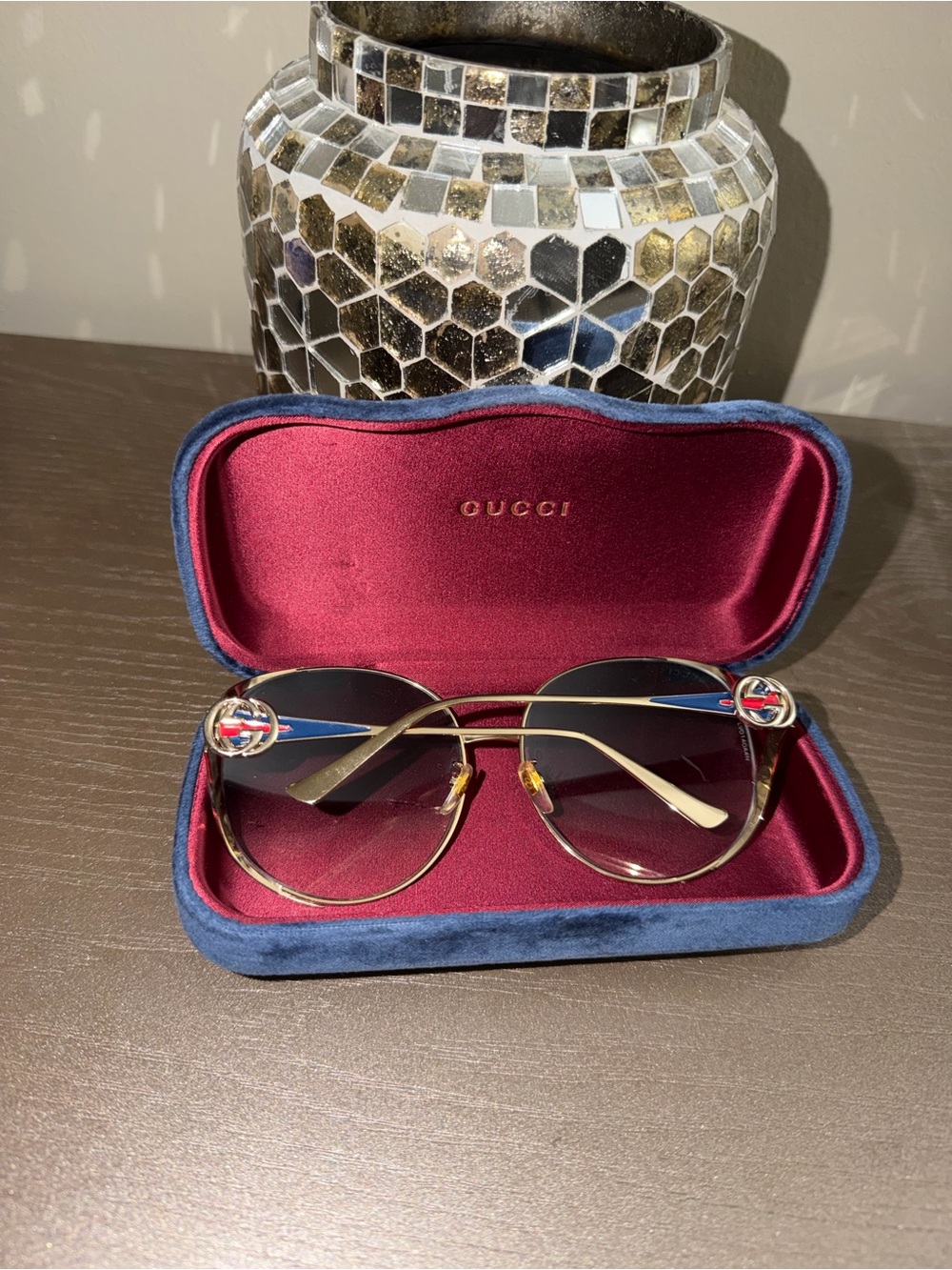 Gucci Gold Frame Sunglasses with Blue Gradient Lenses